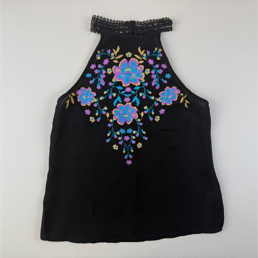 Boho Floral Halter Top Cotton Blend Lace Trim S About A‎ Girl